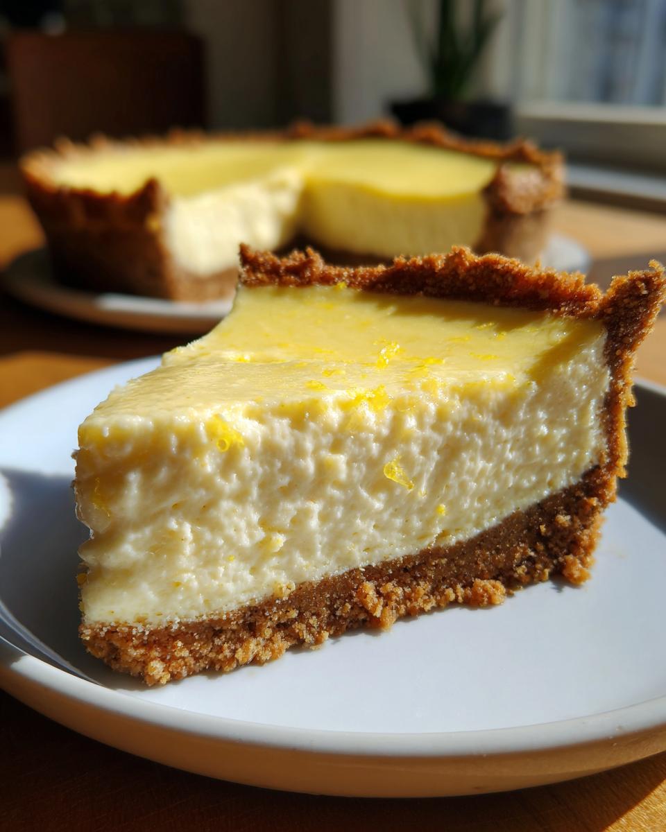 A slice of creamy No Bake Lemon Cheesecake with a graham cracker crust, topped with lemon zest.