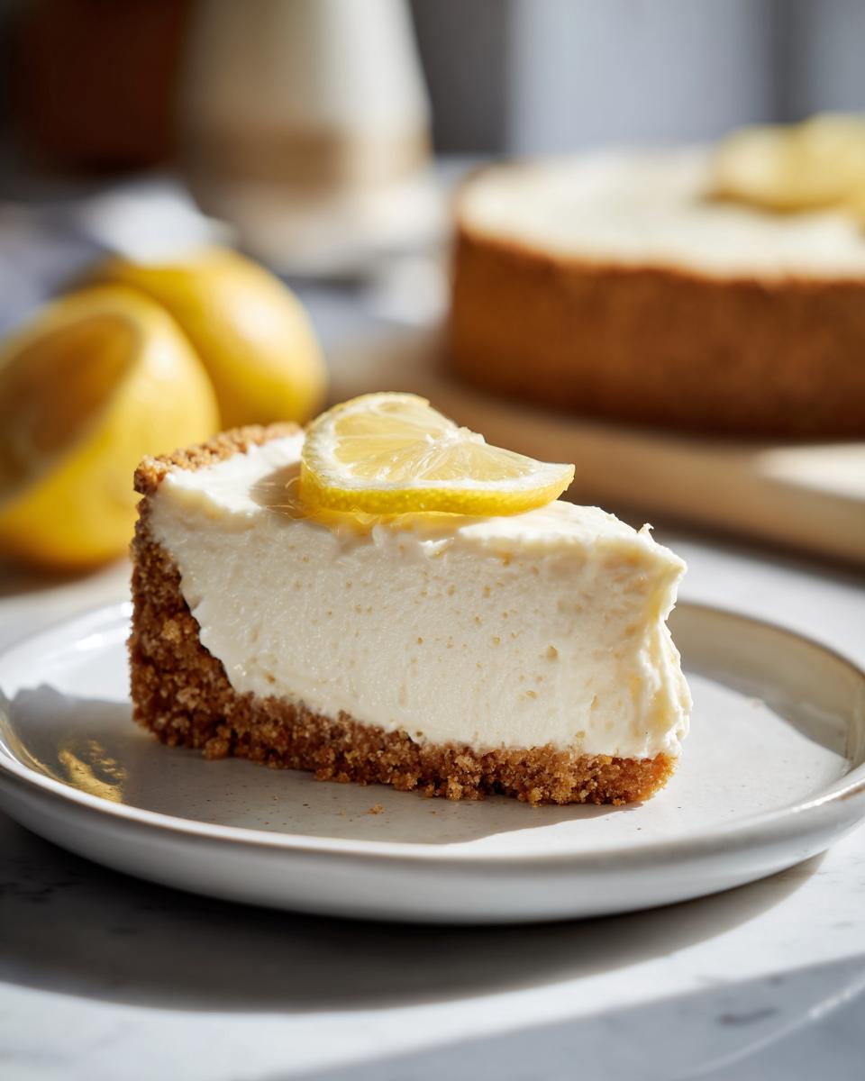 A slice of creamy No Bake Lemon Cheesecake with a graham cracker crust, topped with a fresh lemon slice.