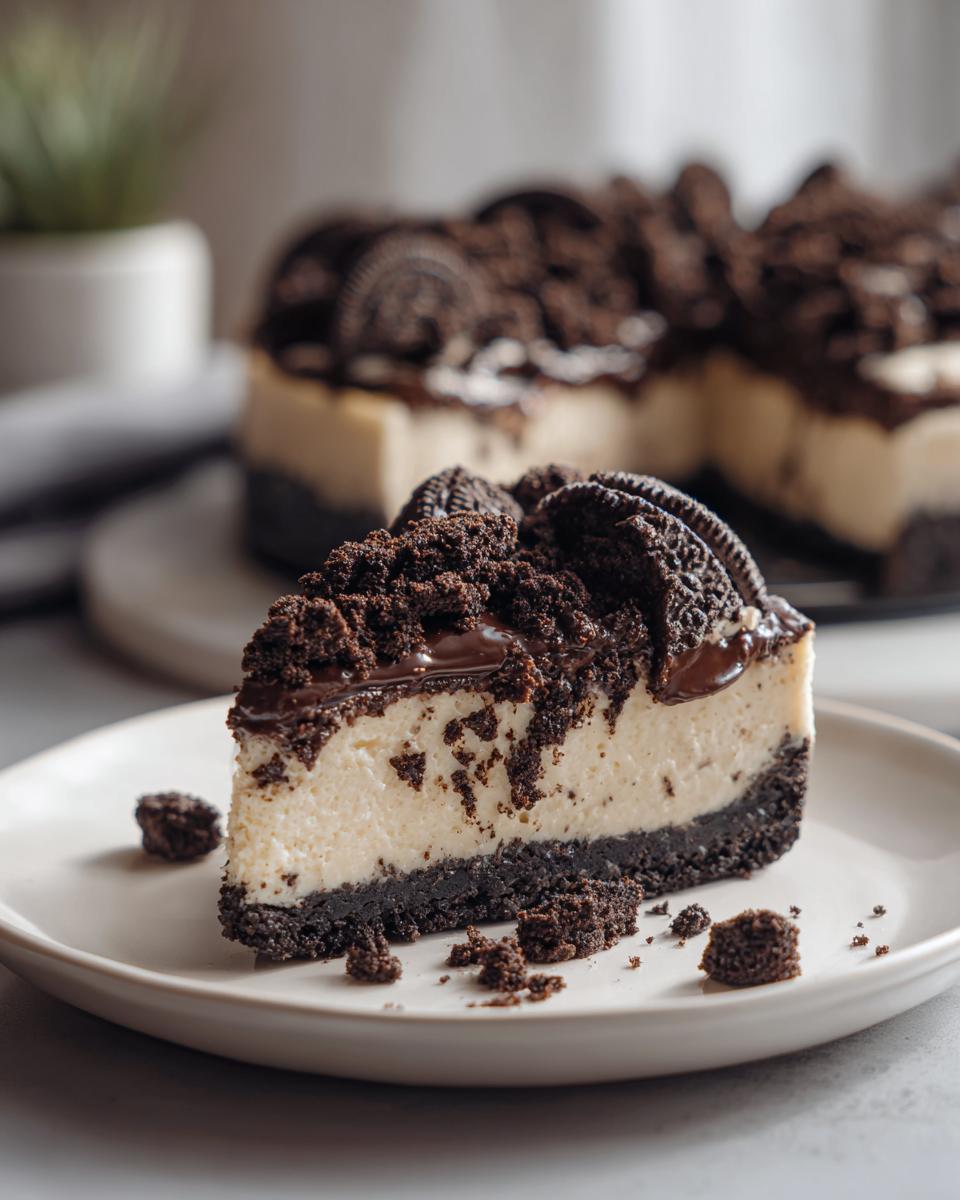 A delicious slice of No Bake Oreo Cheesecake on a plate, topped with crushed Oreos and chocolate drizzle.