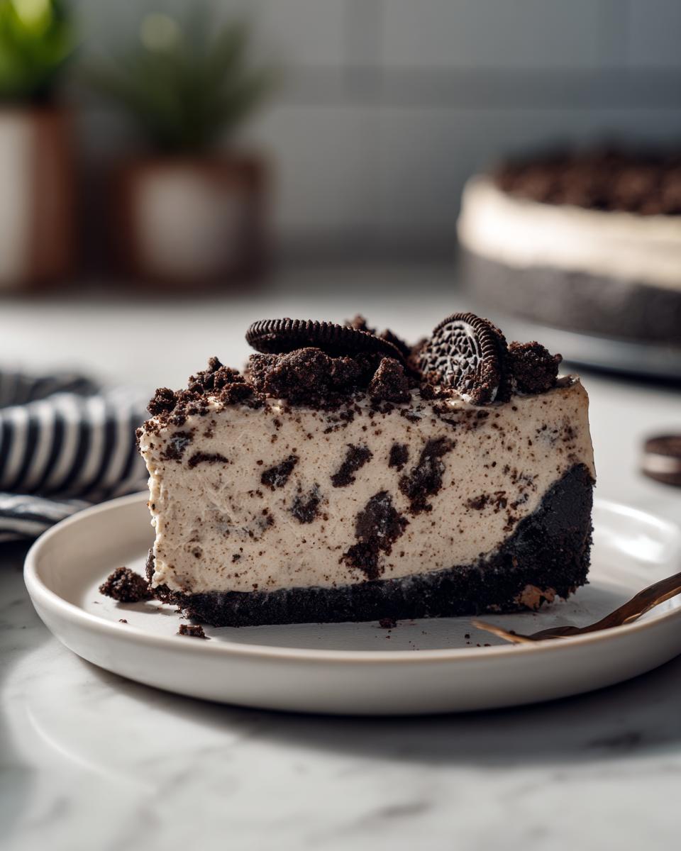 A decadent slice of No Bake Oreo Cheesecake, topped with crushed Oreos and whole Oreo cookies.