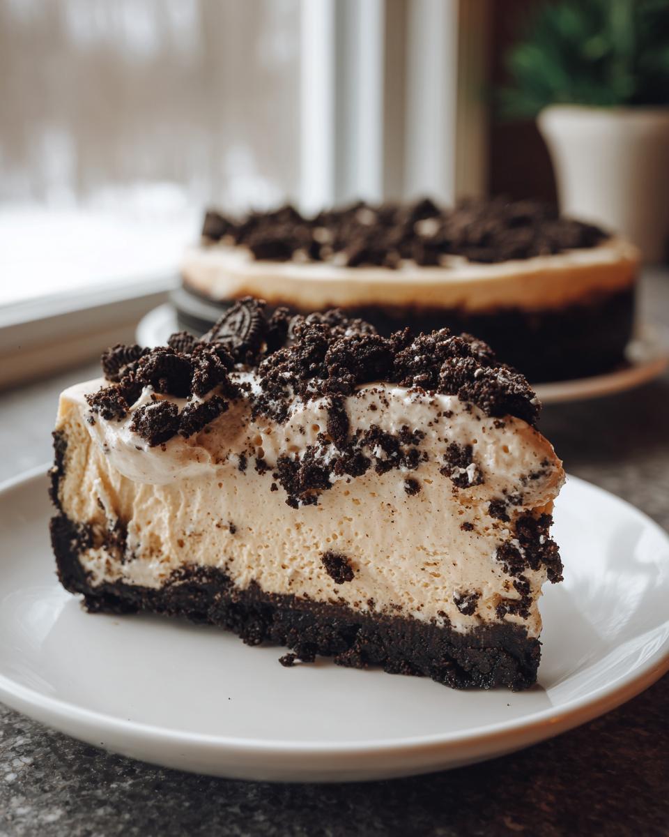 A decadent slice of No Bake Oreo Cheesecake with a chocolate cookie crust and creamy filling, topped with crushed Oreos.
