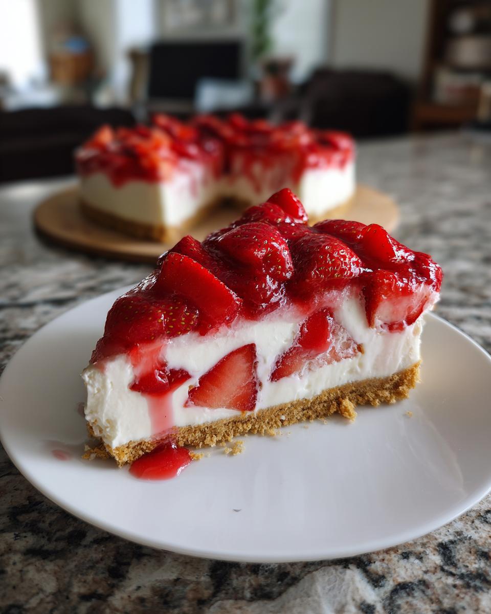 A delicious slice of No Bake Strawberry Delight cheesecake with fresh strawberries and a graham cracker crust.