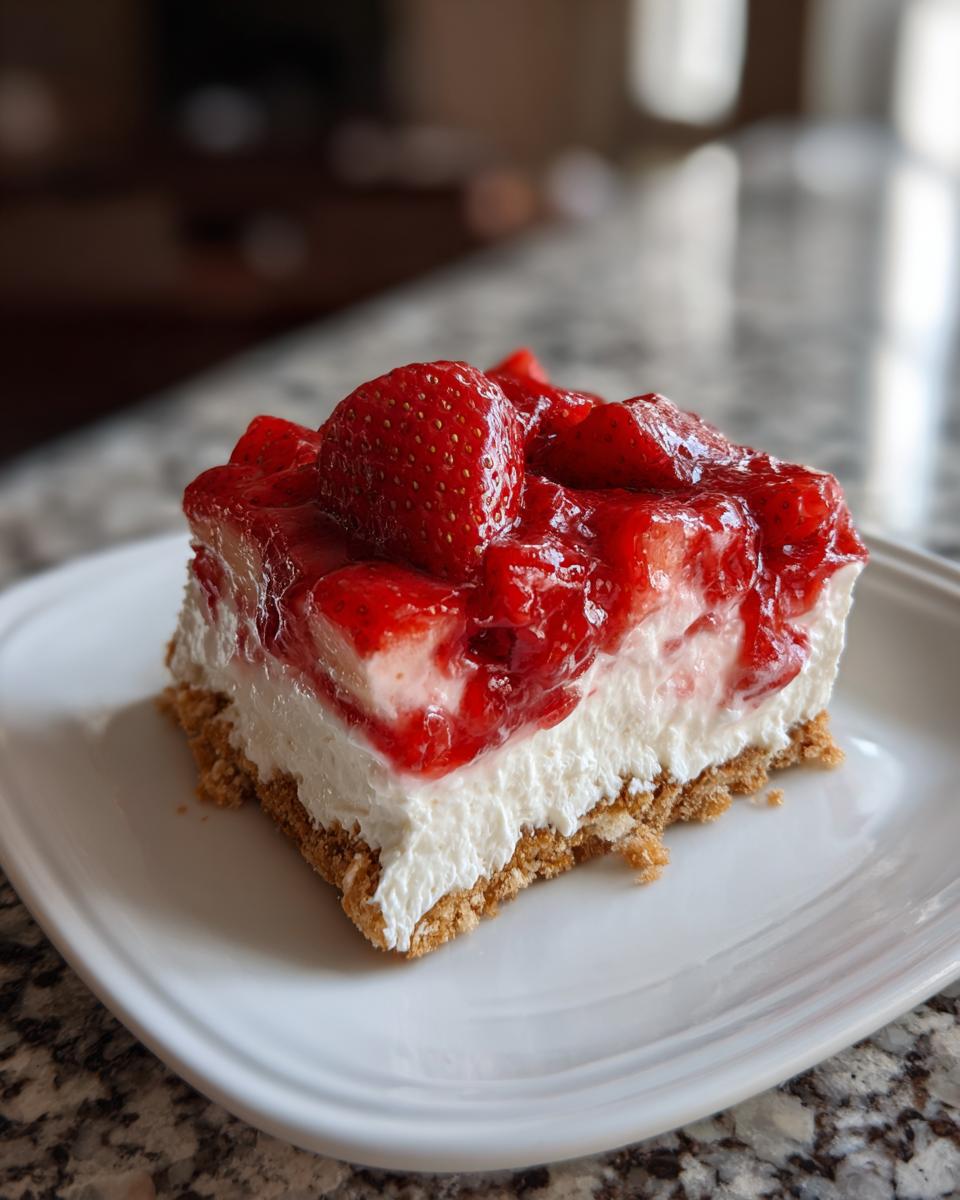 A delicious slice of No Bake Strawberry Delight dessert on a white plate, topped with fresh strawberries and strawberry glaze.