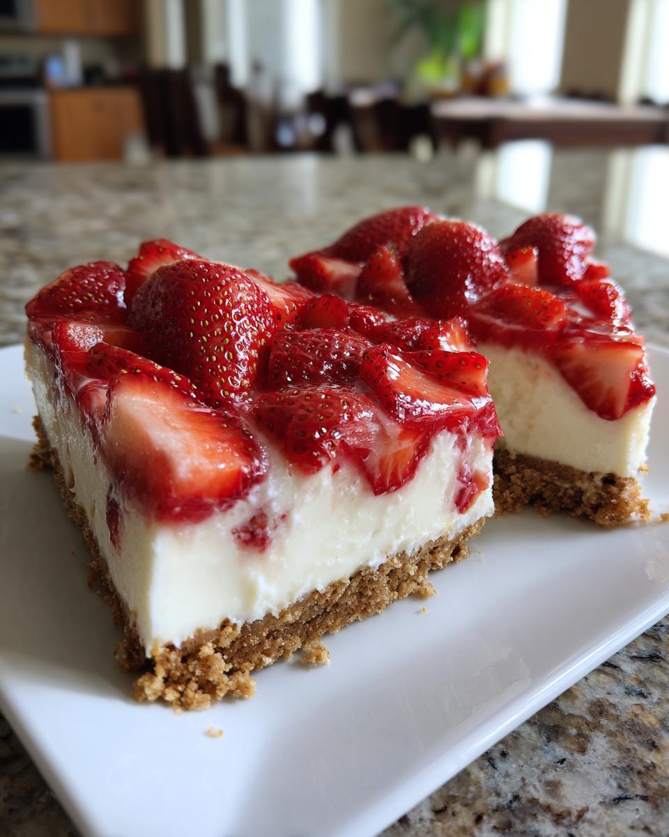 Two slices of No Bake Strawberry Delight on a white plate, showcasing a creamy filling topped with fresh strawberries and a graham cracker crust.