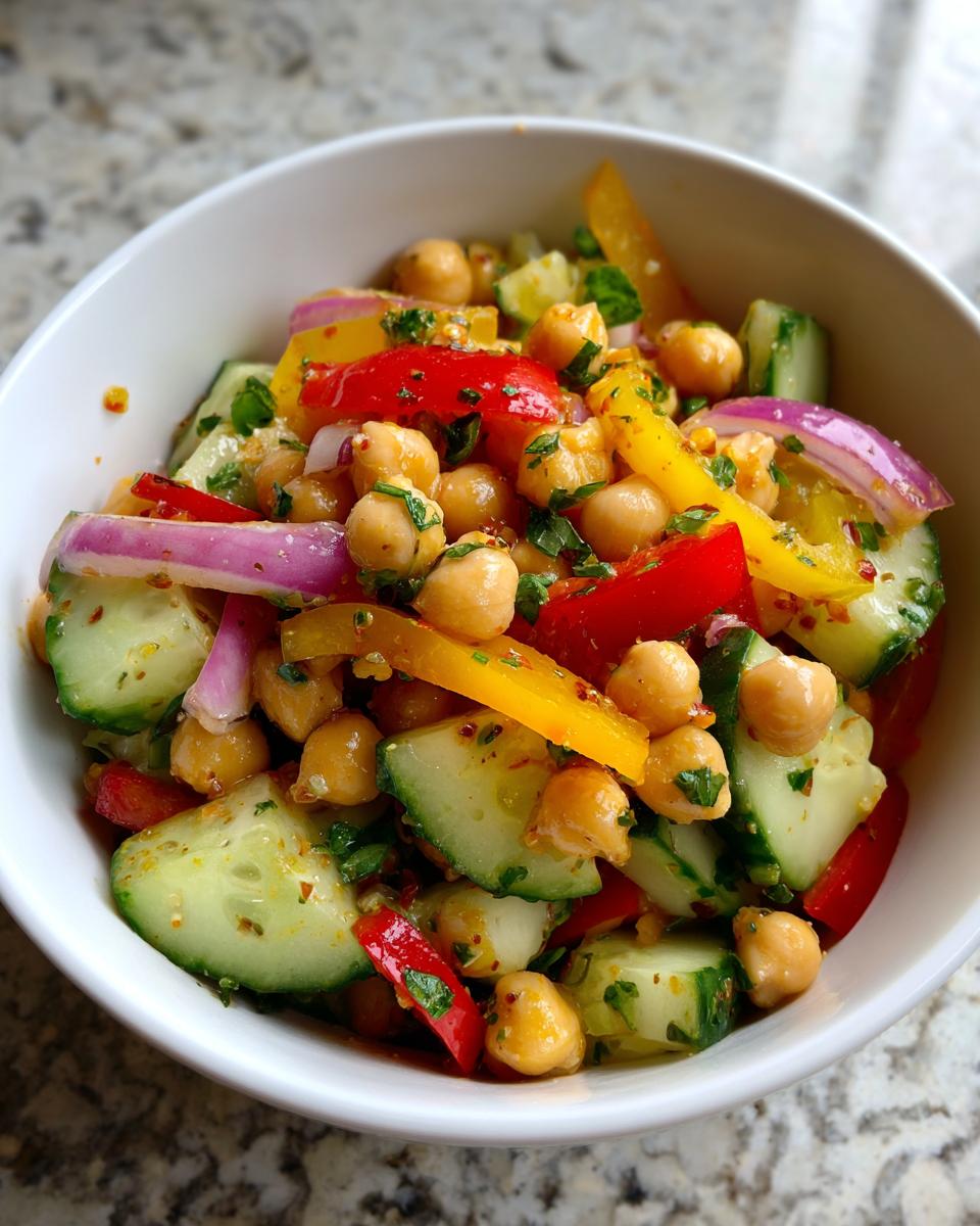 A refreshing Summer Chickpea Salad in a white bowl, featuring chickpeas, cucumber, red onion, and bell peppers.