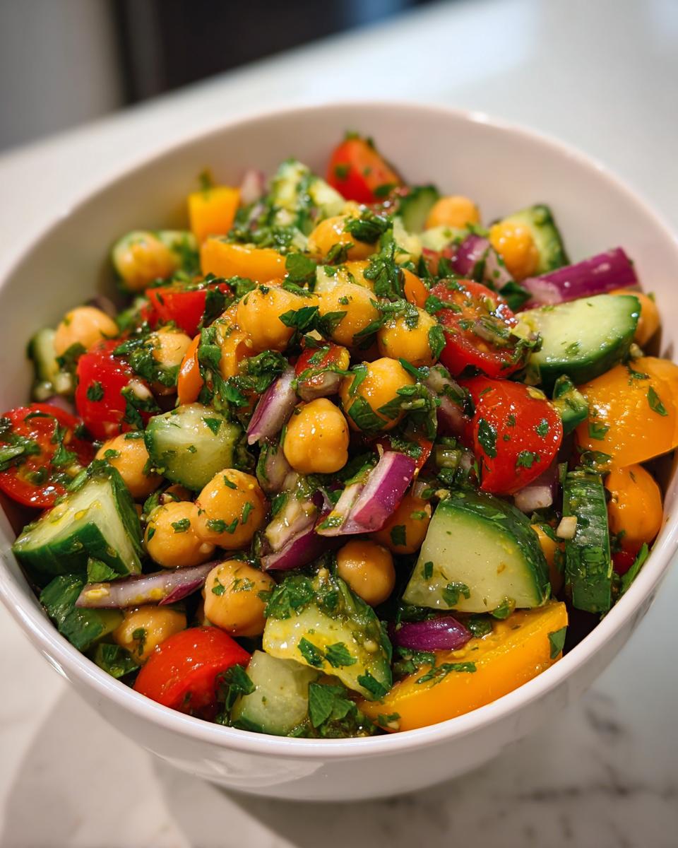 A vibrant bowl of Summer Chickpea Salad with tomatoes, cucumbers, red onion, and herbs.