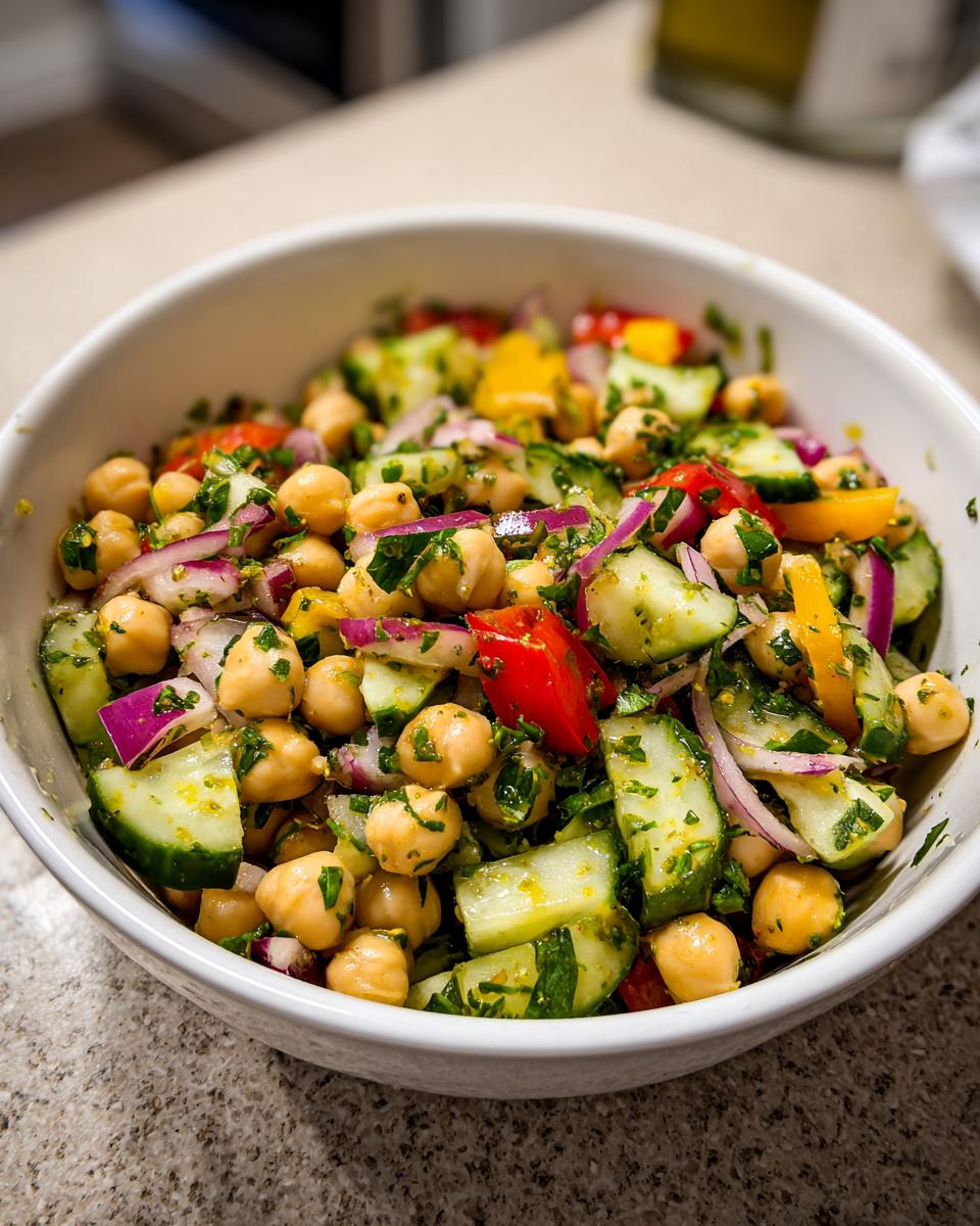A refreshing Summer Chickpea Salad Recipe featuring chickpeas, cucumber, red onion, bell peppers, and herbs in a white bowl.
