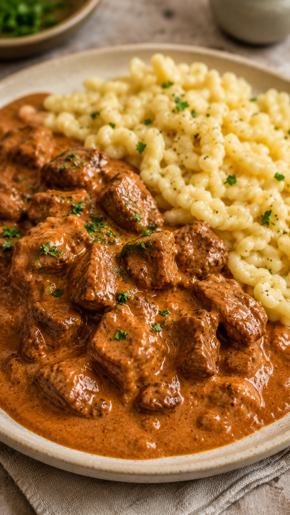 Traditionelles Rahmgulasch โ cremig, zart & herzhaft lecker
